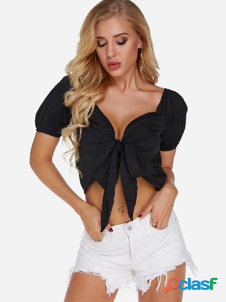 Top corto con cuello en V y manga corta con diseño de lazo