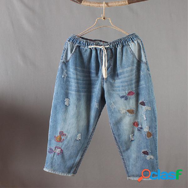 Pescado bordado elástico cintura harem cordón Jeans para