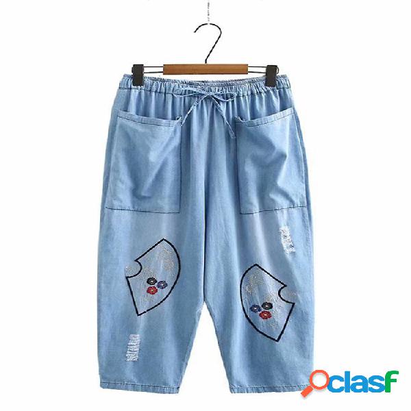 Fans de bordado cintura elástica Plus tamaño Pantalones
