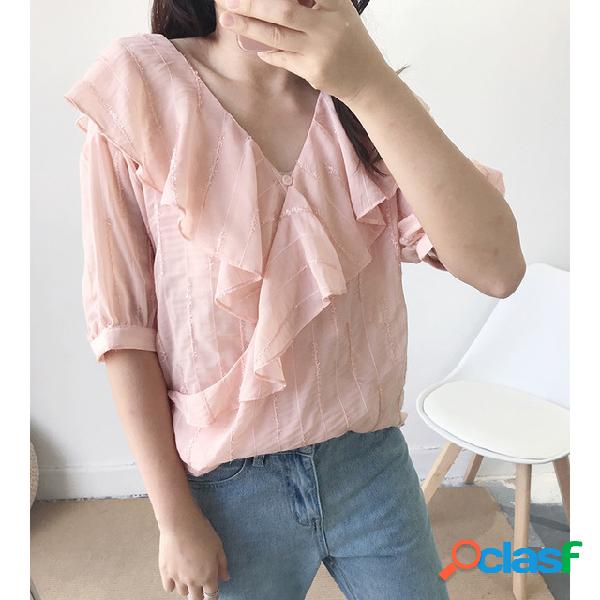 Season New Solid Color Simple Chiffon Camisa Mujer Hoja