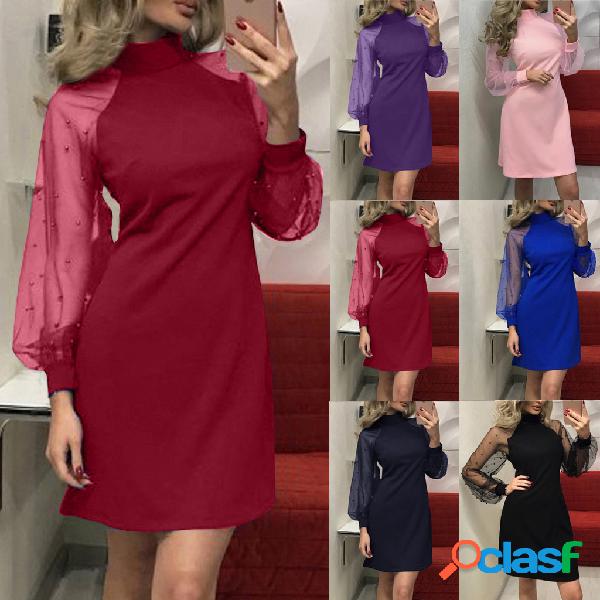 Long-sleeved slim hip dress with mesh bead stitching dress