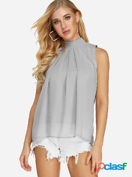 Camisa sin mangas sin mangas con cuello plisado en gris caja