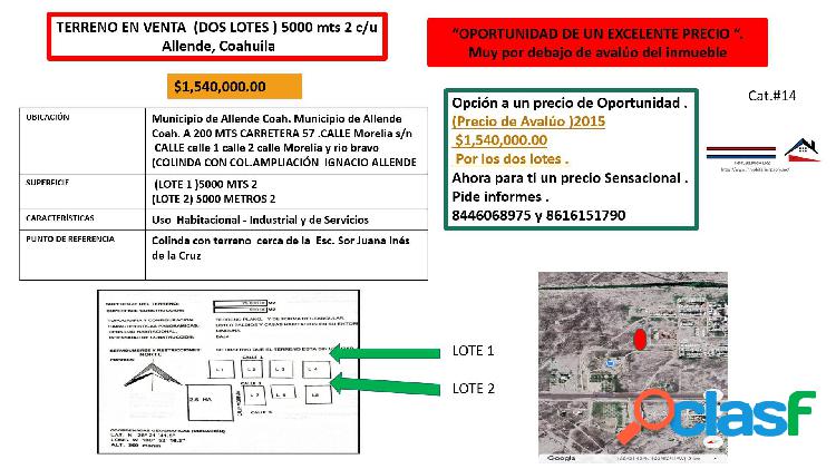TERRENO EN VENTA (DOS LOTES) 5000 mts 2 c/u Allende,