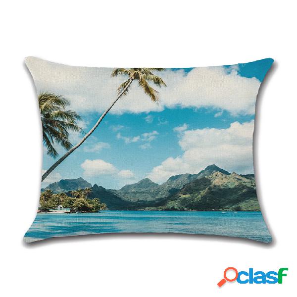 Funda Almohada Playa Sky Y Nube Blanca Coco Árbol Lino