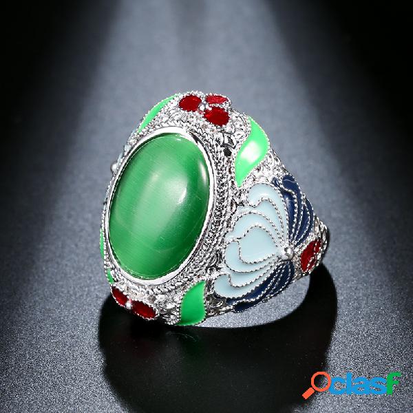 Bohemian Green Gato Eye Finger Ring Metal Drop Oil