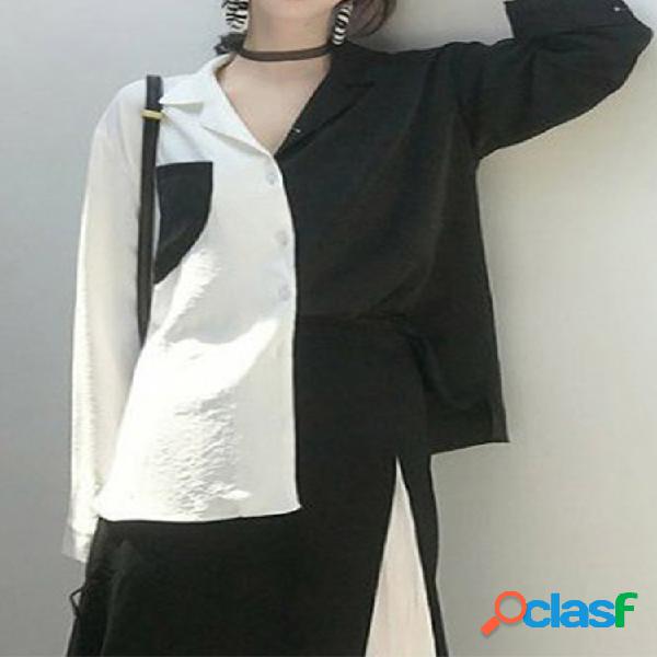 Moda Patchwork Manga Larga Solapa Plus Talla Camisa Con