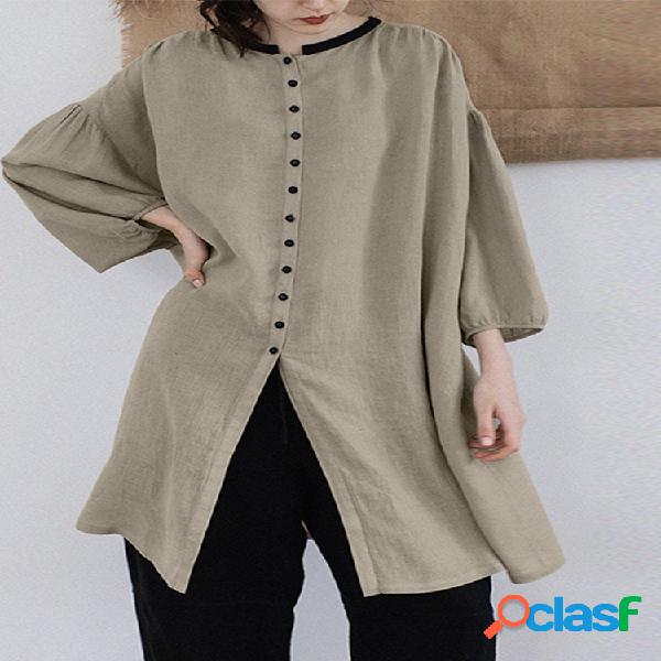 Split Bubble Sleeve Button 3/4 Sleeve Plus Blusa Talla