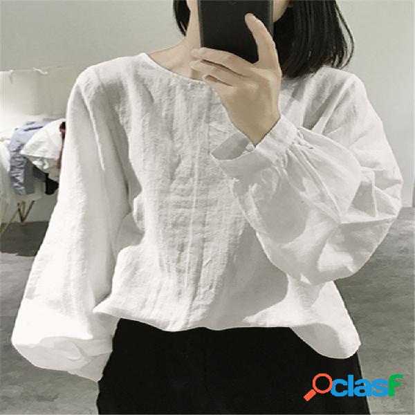vendimia Blusa suelta de manga larga lisa de color liso