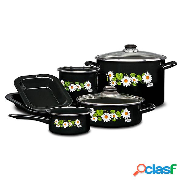 Cinsa Juego de Cocina Malvina Crisantemos, 8 Piezas, Negro