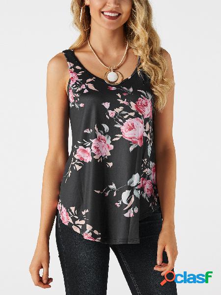 Chaleco sin mangas con cuello redondo y estampado floral