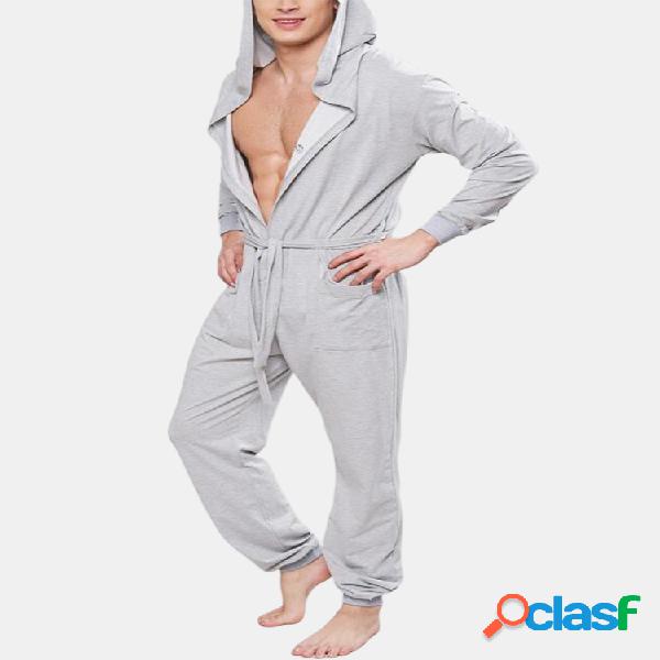 Hombre Gris Suelto Mono Algodón Cómodo Cordón Botones