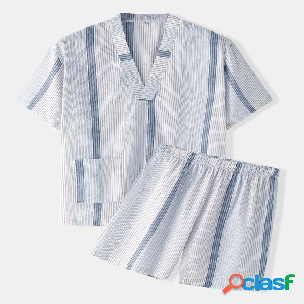 Pijama de algodón a rayas gris cómodo Pijamas