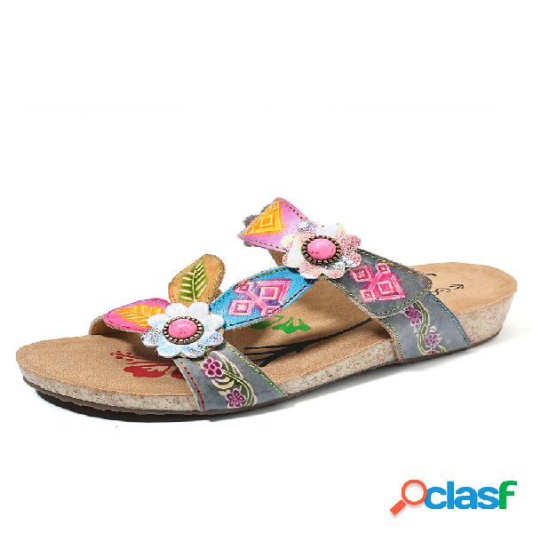 SOCOFY Pintado a mano Piel Genuina Retro Gems Floral Patrón