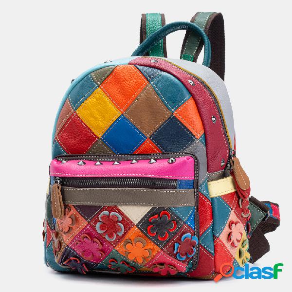 Mujer Piel Genuina Mochila Patchwork Rivet