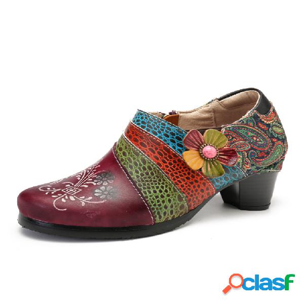 SOCOFY Retro Embossed Patrón Empalmes Florales Slip On
