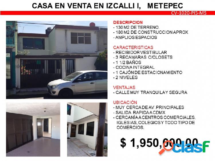 CASA EN VENTA EN IZCALLI I, METEPEC