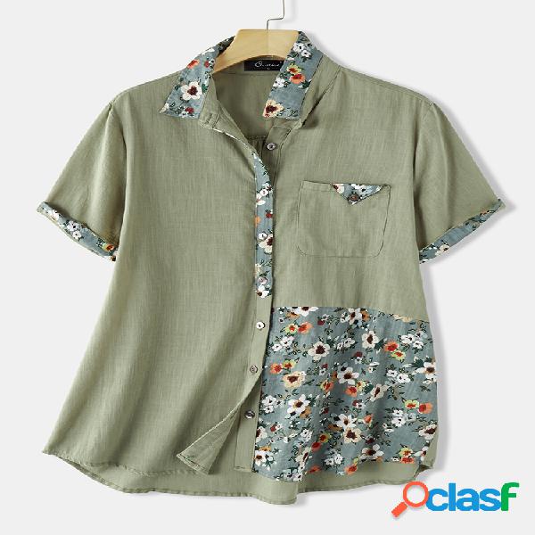 Flores Imprimir Patchwork Solapa Plus Tamaño Camisa