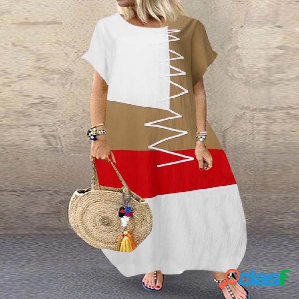 Casual Patchwork Cuello redondo Manga corta Plus Talla