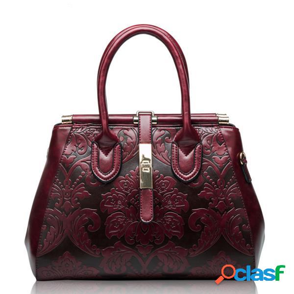 Bolso tote floral repujado de cuero genuino