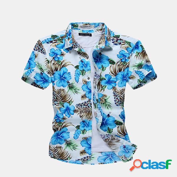 Camisa floral con solapa de manga corta de talla grande en