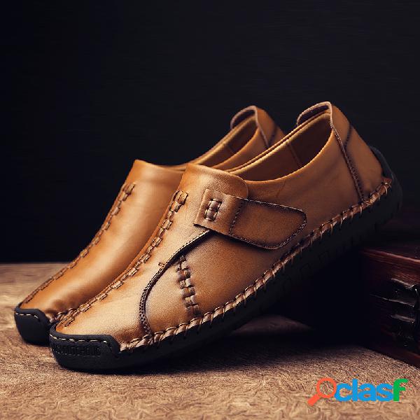 Mocasines retros de cuero genuino con puntos a mano y velcro