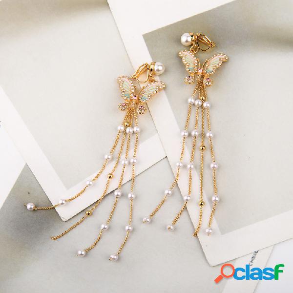 Trendy Pearl Tassel Stud Pendientes Temperamento Rhinestone
