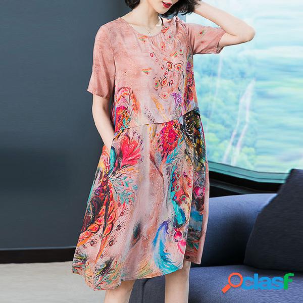 Seda Larga Estampado Temperamento Vestido