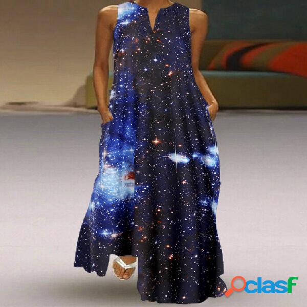 Starry Sky Maxi sin mangas estampado con cuello en V Vestido