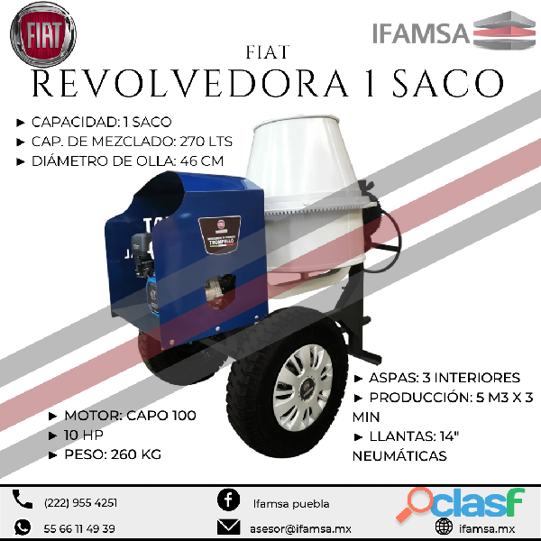 REVOLVEDORA DE CONCRETO 1 SACO FIAT C/MOTOR 10HP TROMPELLO