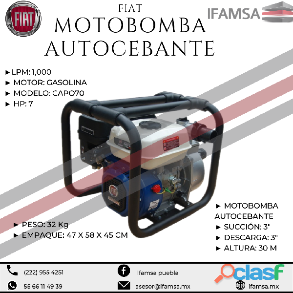¡Venta de Motobomba Autocebante 3x3 con motor 7HP