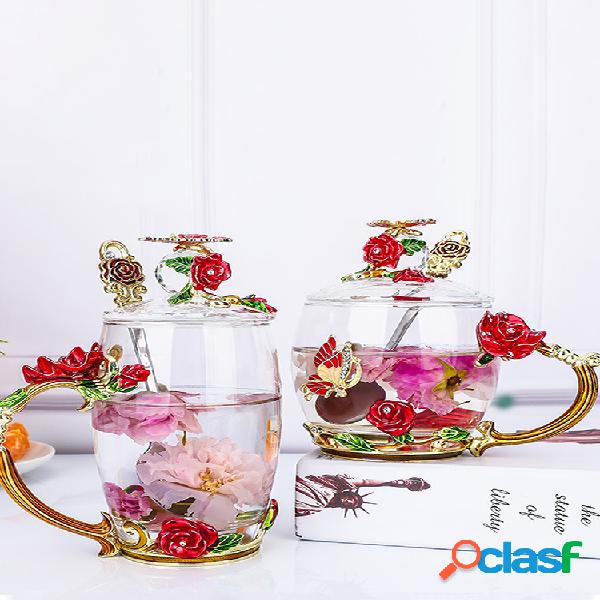 Flor de rosa de esmalte de cristal Té Taza de jugo Tazas de