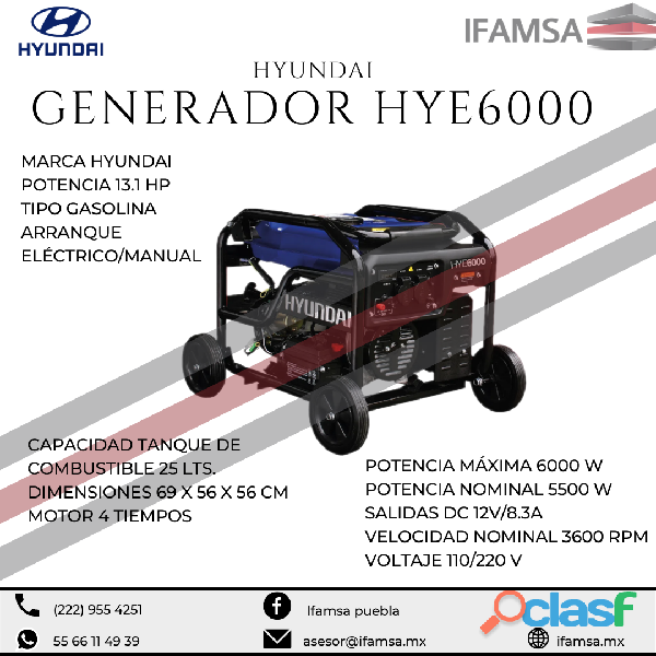 Generador Hyundai Con Motor a Gasolina 13.1 hp 6000w