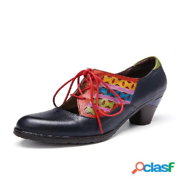 SOCOFY Zapatos de tacón grueso con cordones y corte de