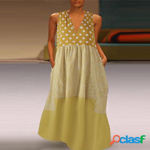 Plaid Polka Dot Patchwork Sin Mangas Plus Talla Maxi Vestido
