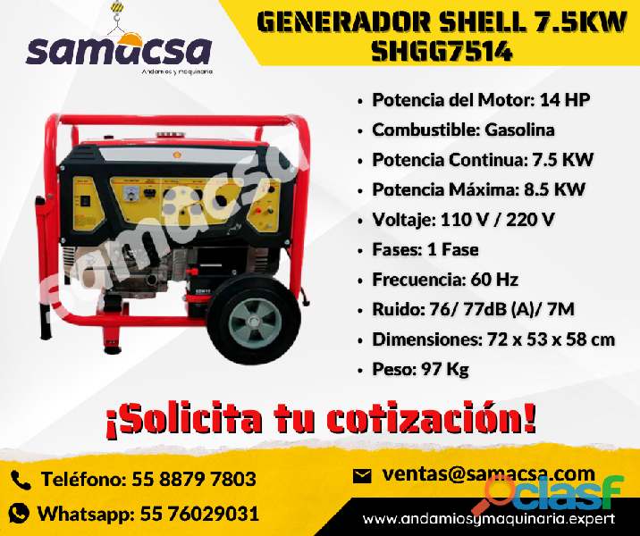 Generador Shell 7.5kw, voltaje 110/220V