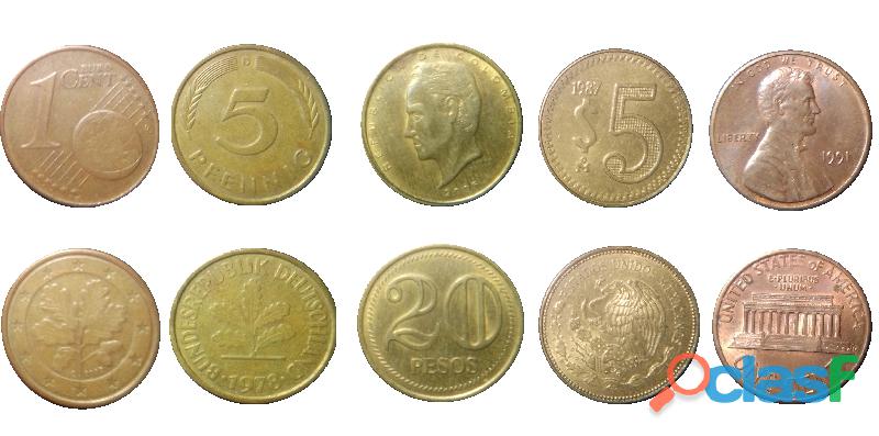 Moneda One Euro Cent,Five Pfenning,Veinte Pesos,Cinco