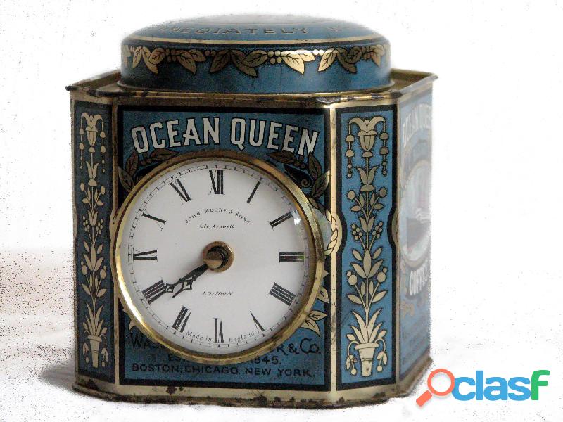 Vintage Caja De Metal Ocean Queen Coffee Con Reloj