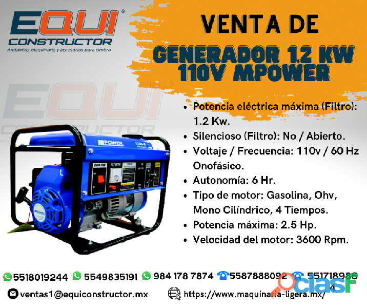 Venta de Generador 1.2 KW 110V MPOWER en Ecatepec de Morelos
