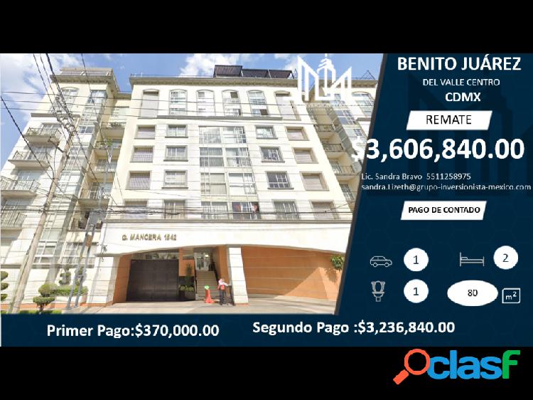 REMATE!! $3,606,840 LUJOSO DEPA EN DEL VALLE CENTRO