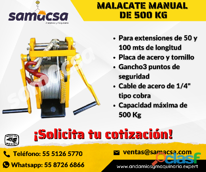 Malacate tipo manual para Hamaca con 50mts de cable