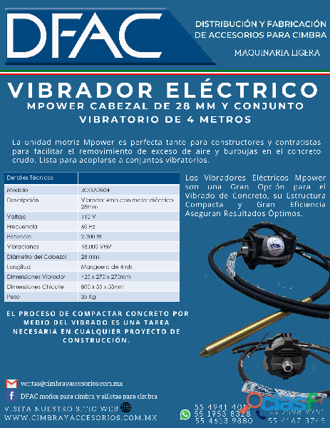 VIBRADOR ELECTRICO MPOWER CABEZAL DE 28MM Y CHICOTE DE 4M