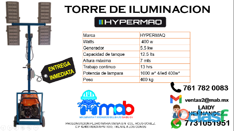 VENTA DE TORRE DE ILUMINACION HYPERMAQ