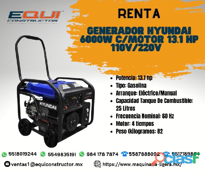 Renta "Generador Hyundai 6000W C/Motor 13.1 hp 110V/220V".
