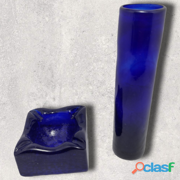 Cenicero y Florero Vidrio Soplado Artesanal Azul Cobalto